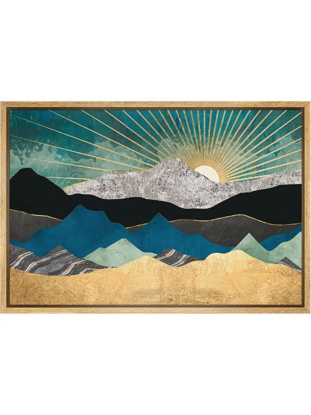 Framed Canvas Wall Art - Teal Gold Mountain Range Nature Print for Living Room